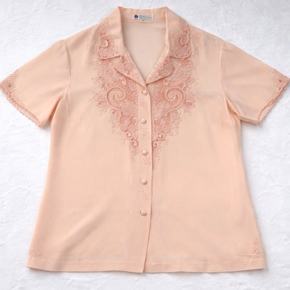 Vintage Peony Silk Hand Embroidered Blouse Y2K Sheer Lace Coquette Fairy‎ Boho L